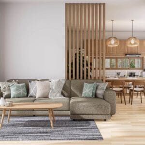 A living room with a couch and table