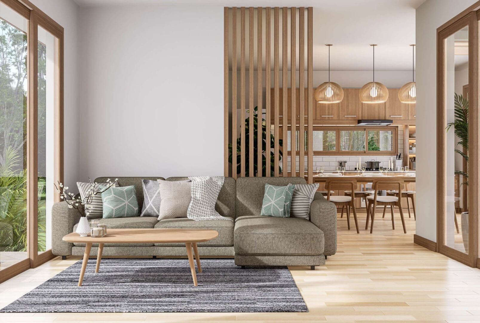 A living room with a couch and table
